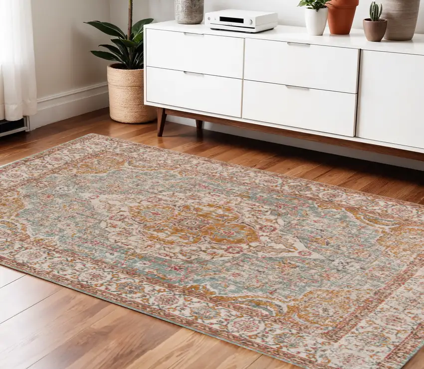 Sea Blue and Orange Oriental Power Loom Area Rug Photo 1