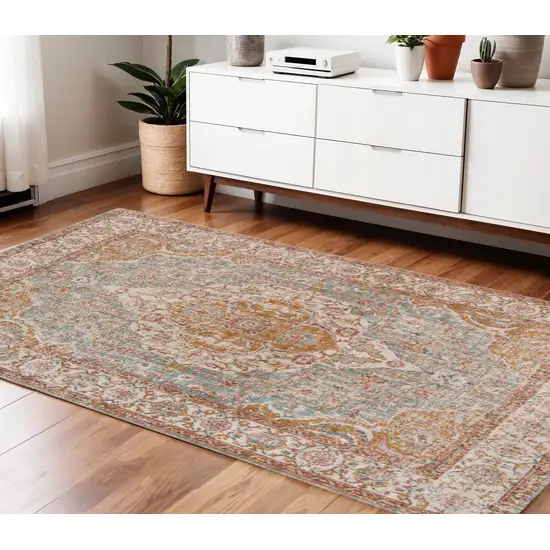 Sea Blue and Orange Oriental Power Loom Area Rug Photo 1