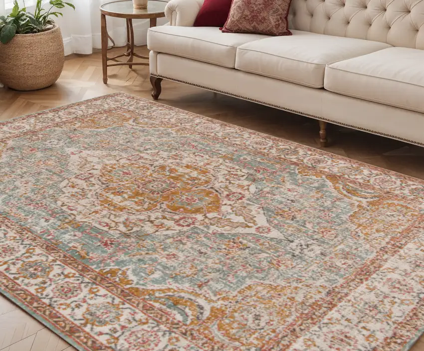 Sea Blue and Orange Oriental Power Loom Area Rug Photo 1