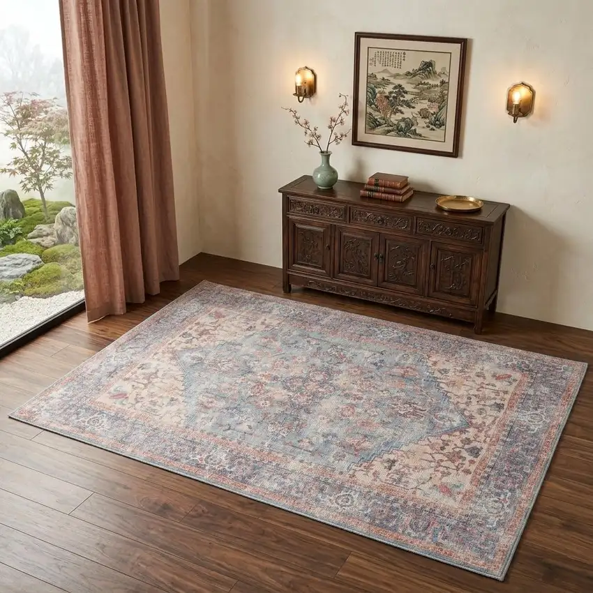 Blue Oriental Power Loom Distressed Washable Area Rug Photo 1