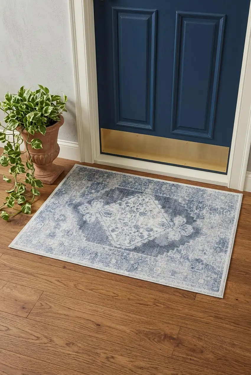 Blue Oriental Power Loom Distressed Washable Area Rug Photo 1