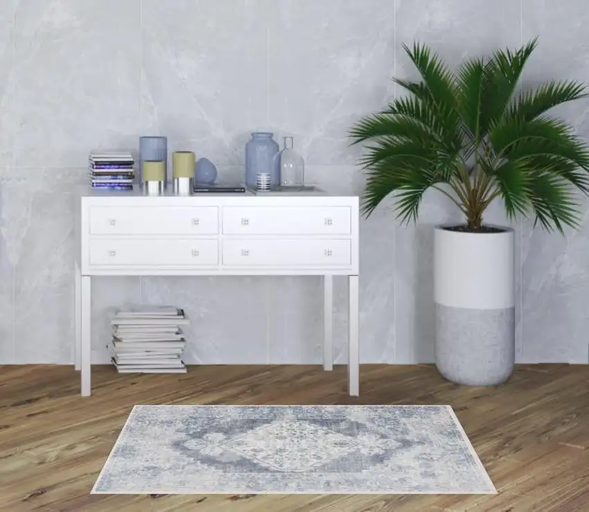 Blue Oriental Power Loom Distressed Washable Area Rug Photo 2