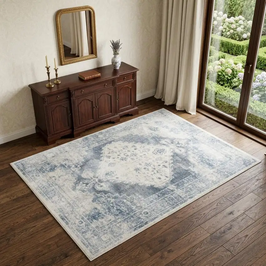 Blue Oriental Power Loom Distressed Washable Area Rug Photo 1