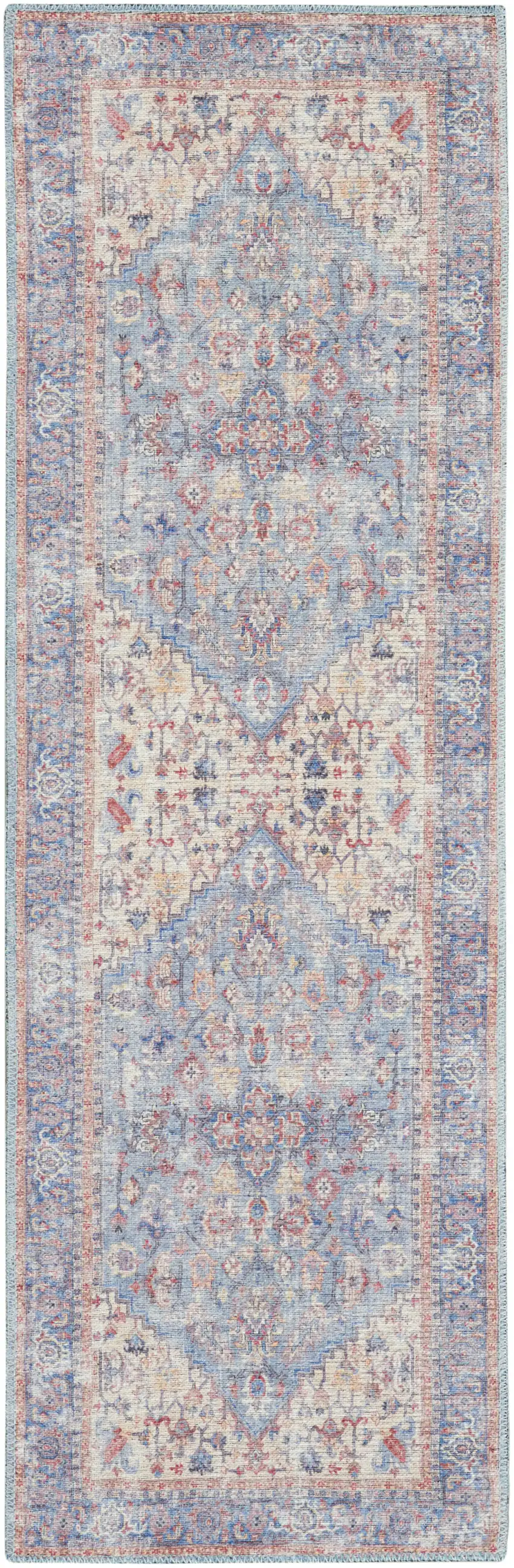 6' Blue Orange And Red Oriental Distressed Washable Runner Rug Photo 4