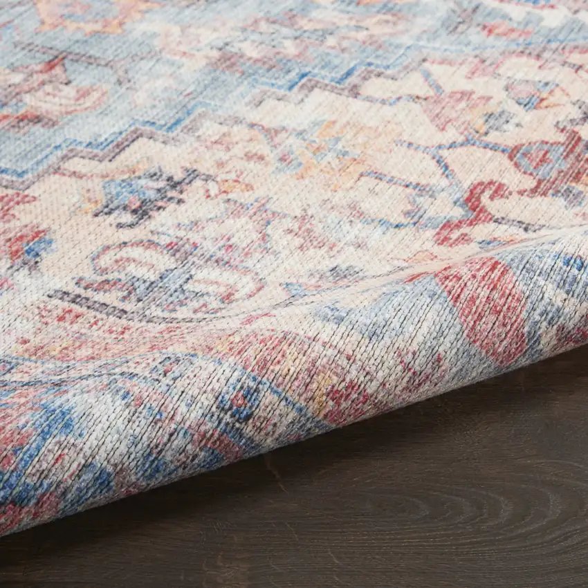 6' Blue Orange And Red Oriental Distressed Washable Runner Rug Photo 7