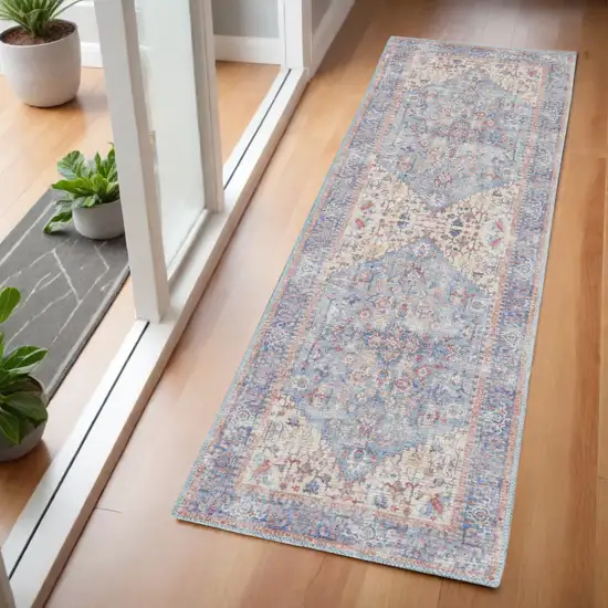 6' Blue Orange And Red Oriental Distressed Washable Runner Rug Photo 1