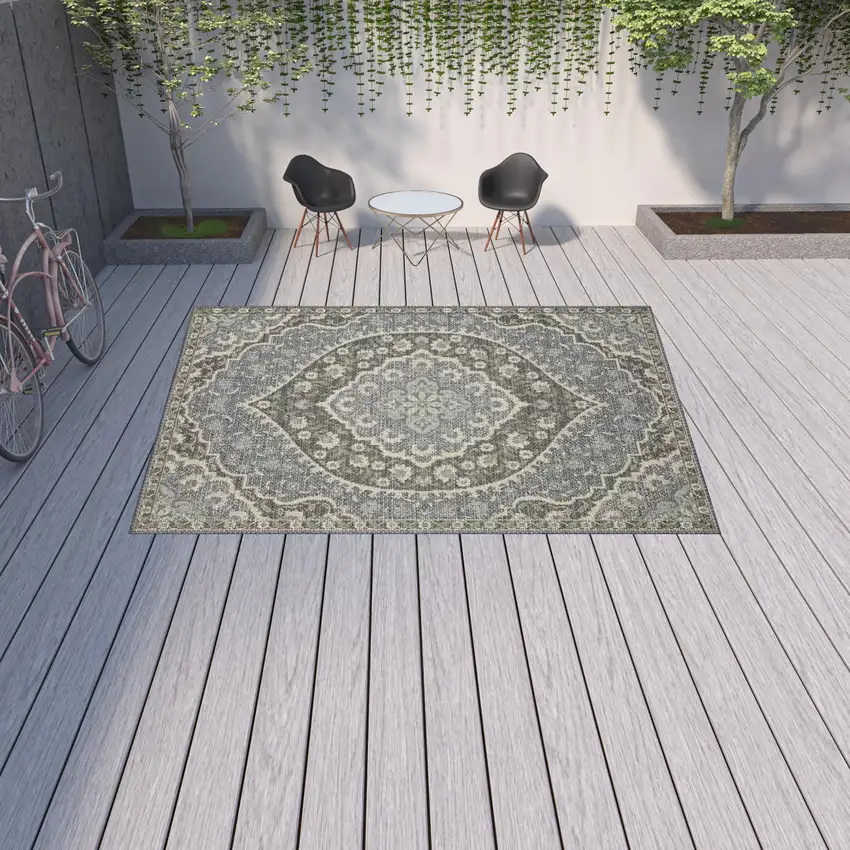 Blue Oriental Stain Resistant Indoor Outdoor Area Rug Photo 3