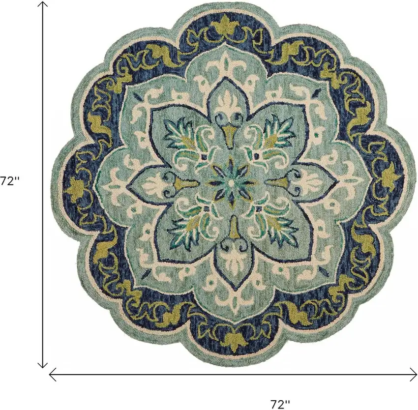 6' Blue And Green Wool Geometric Hand Tufted Round Rug Photo 4