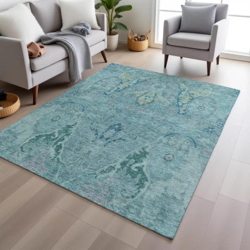 Blue Pale Aqua And Artichoke Green Floral Washable Indoor Outdoor Area Rug Photo 6