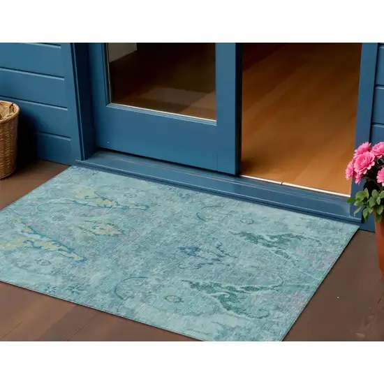 Blue Pale Aqua And Artichoke Green Floral Washable Indoor Outdoor Area Rug Photo 2