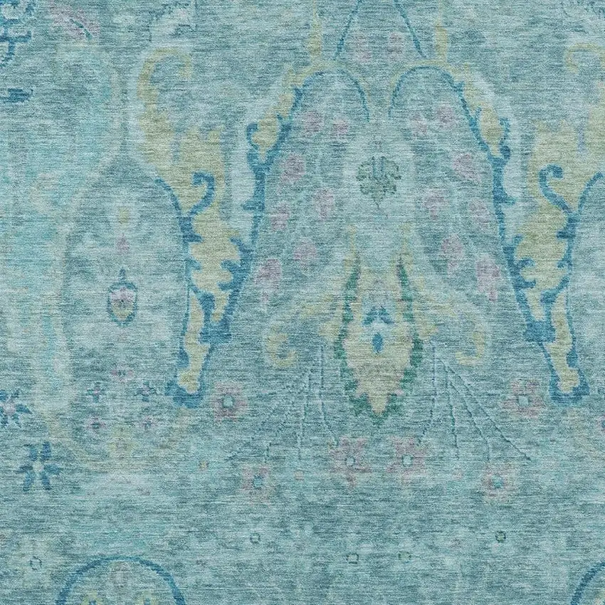Blue Pale Aqua And Artichoke Green Floral Washable Indoor Outdoor Area Rug Photo 3