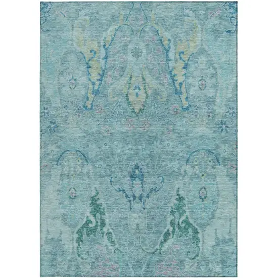 Blue Pale Aqua And Artichoke Green Floral Washable Indoor Outdoor Area Rug Photo 4