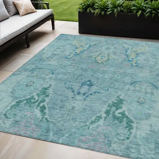 Blue Pale Aqua And Artichoke Green Floral Washable Indoor Outdoor Area Rug Photo 2