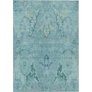 Photo of Blue Pale Aqua And Artichoke Green Floral Washable Indoor Outdoor Area Rug