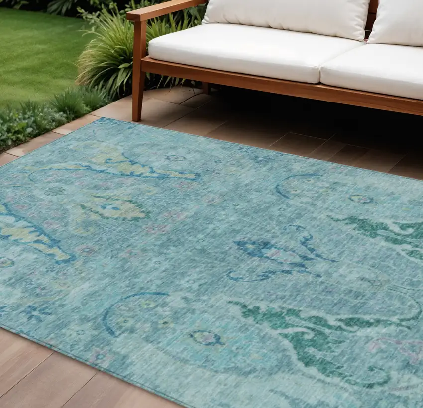 Blue Pale Aqua And Artichoke Green Floral Washable Indoor Outdoor Area Rug Photo 2