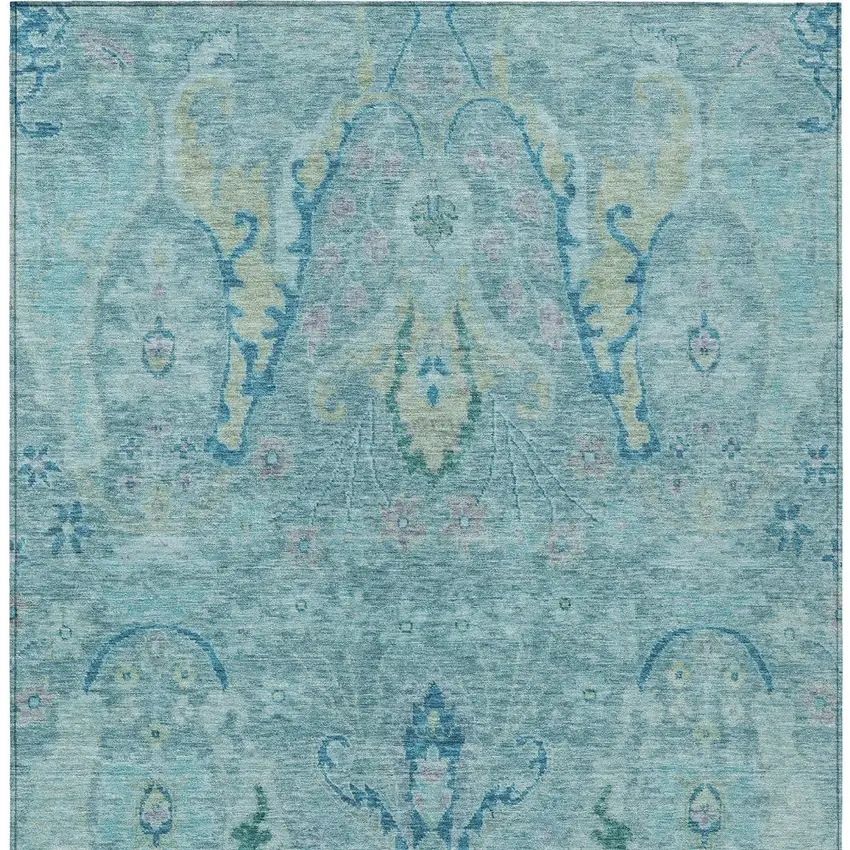 Blue Pale Aqua And Artichoke Green Floral Washable Indoor Outdoor Area Rug Photo 6