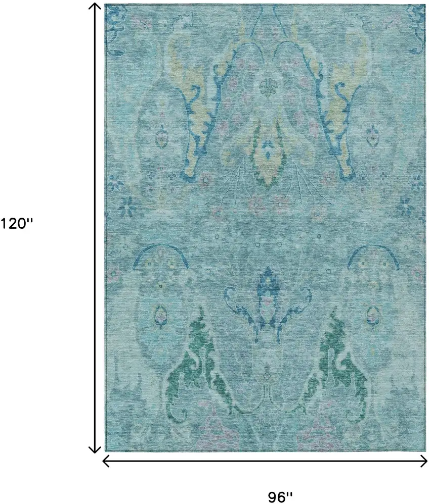 Blue Pale Aqua And Artichoke Green Floral Washable Indoor Outdoor Area Rug Photo 9