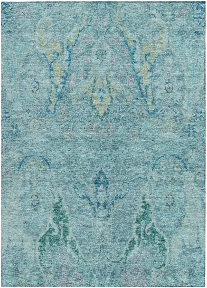 Blue Pale Aqua And Artichoke Green Floral Washable Indoor Outdoor Area Rug Photo 1
