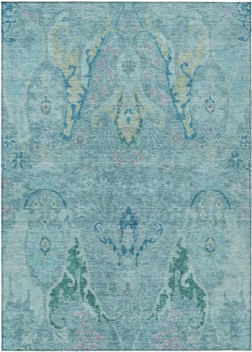 Blue Pale Aqua And Artichoke Green Floral Washable Indoor Outdoor Area Rug Photo 8