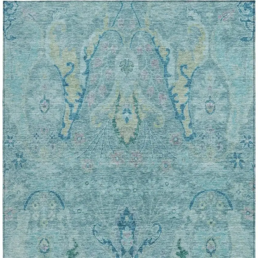 Blue Pale Aqua And Artichoke Green Floral Washable Indoor Outdoor Area Rug Photo 3