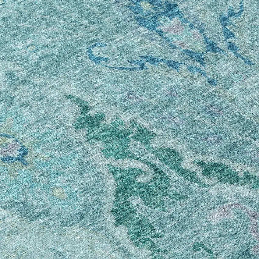 Blue Pale Aqua And Artichoke Green Floral Washable Indoor Outdoor Area Rug Photo 9