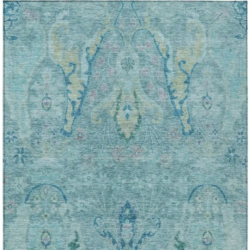 Blue Pale Aqua And Artichoke Green Floral Washable Indoor Outdoor Area Rug Photo 4