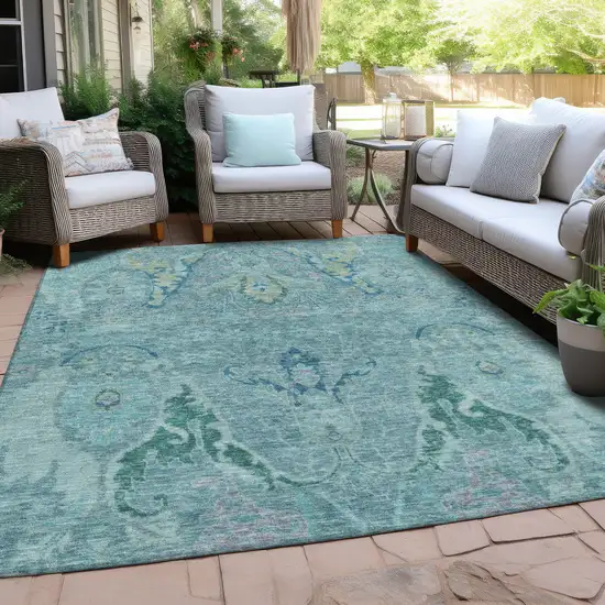 Blue Pale Aqua And Artichoke Green Floral Washable Indoor Outdoor Area Rug Photo 5