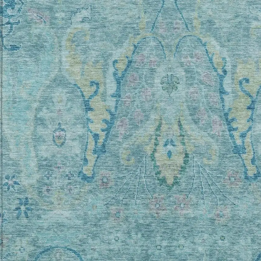 Blue Pale Aqua And Artichoke Green Floral Washable Indoor Outdoor Area Rug Photo 3