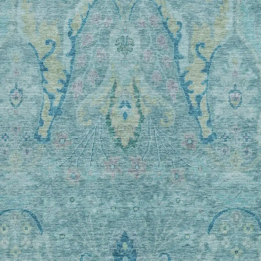 Blue Pale Aqua And Artichoke Green Floral Washable Indoor Outdoor Area Rug Photo 3