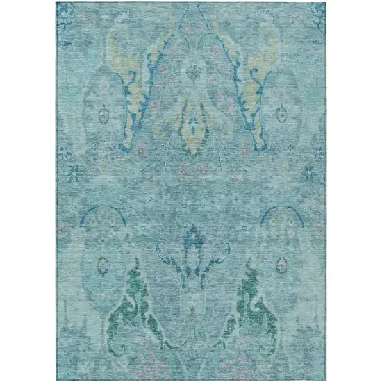 Blue Pale Aqua And Artichoke Green Floral Washable Indoor Outdoor Area Rug Photo 8