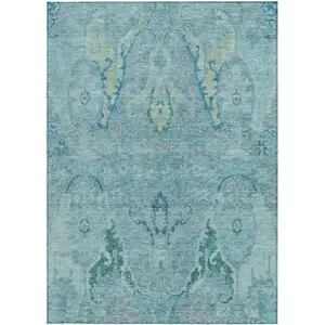 Photo of Blue Pale Aqua And Artichoke Green Floral Washable Indoor Outdoor Area Rug