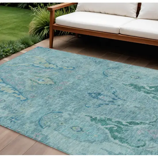 Blue Pale Aqua And Artichoke Green Floral Washable Indoor Outdoor Area Rug Photo 2