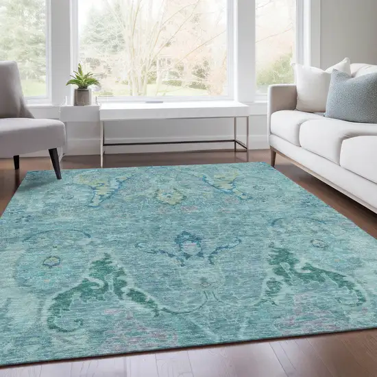 Blue Pale Aqua And Artichoke Green Floral Washable Indoor Outdoor Area Rug Photo 6