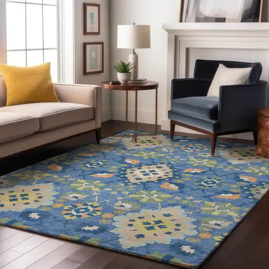 Blue Peach And Fern Green Oriental Washable Area Rug With UV Protection Photo 4