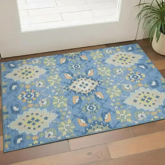 Blue Peach And Fern Green Oriental Washable Area Rug With UV Protection Photo 2