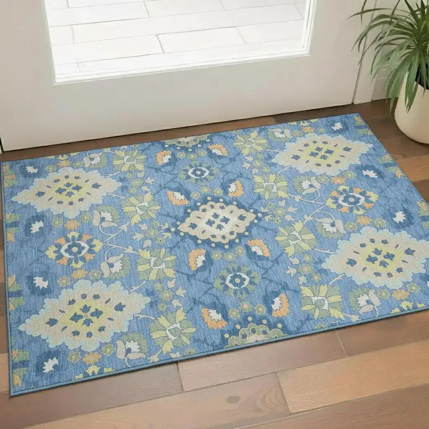 Blue Peach And Fern Green Oriental Washable Area Rug With UV Protection Photo 2