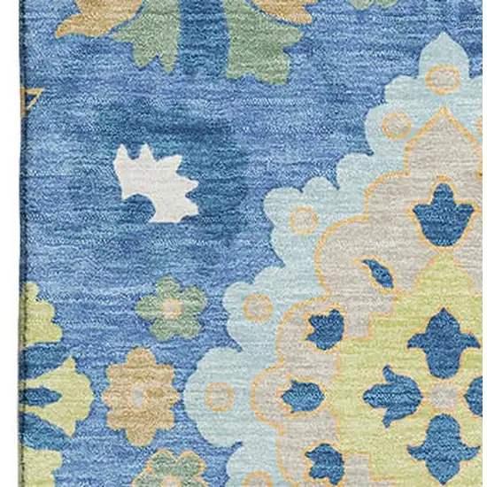 Blue Peach And Fern Green Oriental Washable Area Rug With UV Protection Photo 2