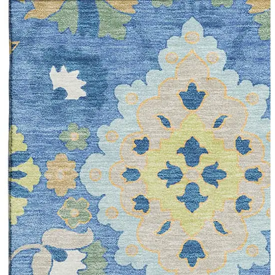 Blue Peach And Fern Green Oriental Washable Area Rug With UV Protection Photo 3