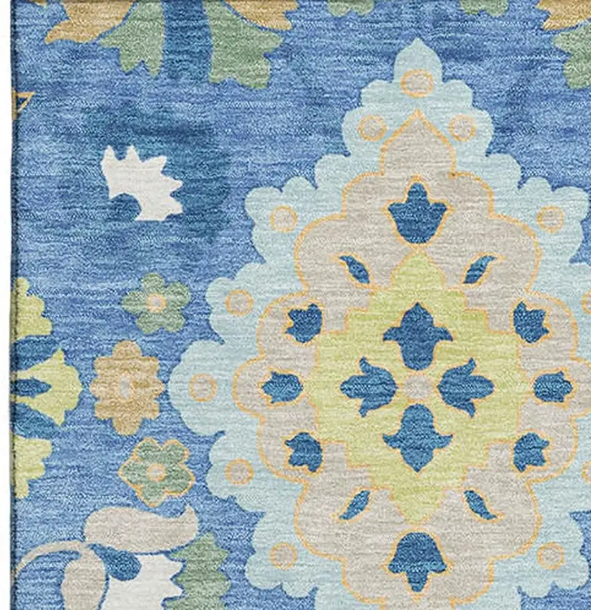 Blue Peach And Fern Green Oriental Washable Area Rug With UV Protection Photo 3