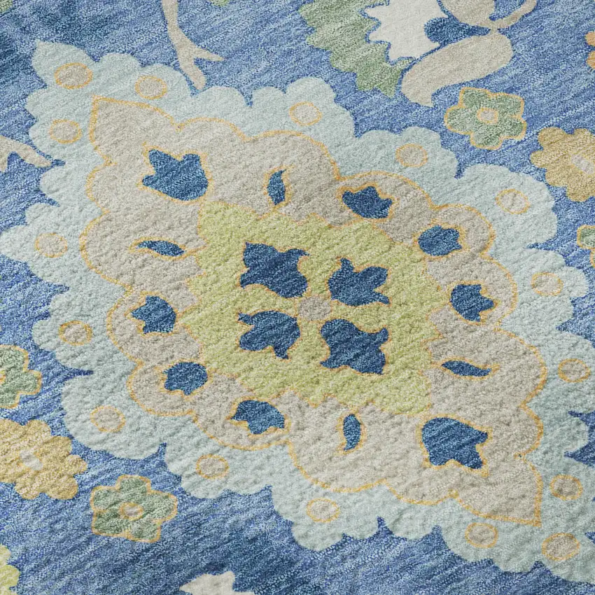 Blue Peach And Fern Green Oriental Washable Area Rug With UV Protection Photo 9