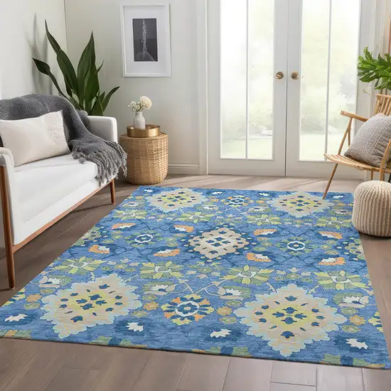 Blue Peach And Fern Green Oriental Washable Area Rug With UV Protection Photo 5