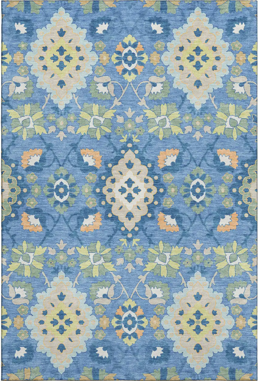 Blue Peach And Fern Green Oriental Washable Area Rug With UV Protection Photo 1