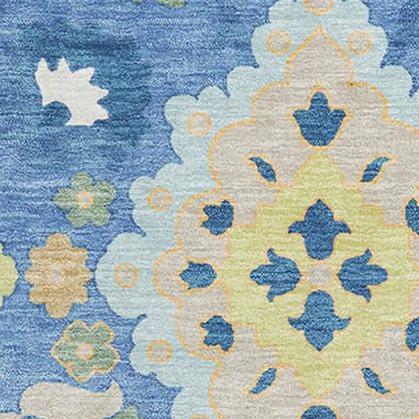 Blue Peach And Fern Green Oriental Washable Area Rug With UV Protection Photo 2