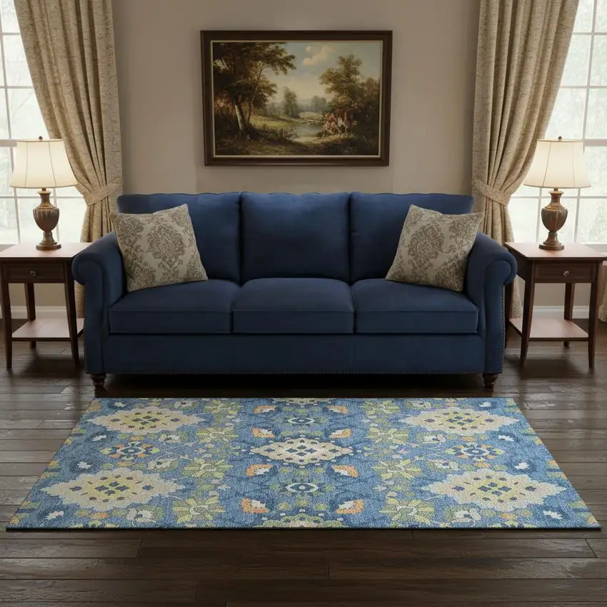 Blue Peach And Fern Green Oriental Washable Area Rug With UV Protection Photo 2