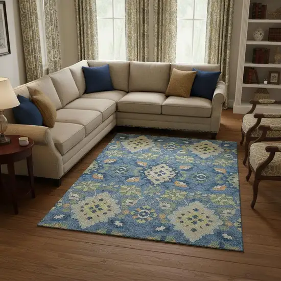 Blue Peach And Fern Green Oriental Washable Area Rug With UV Protection Photo 2