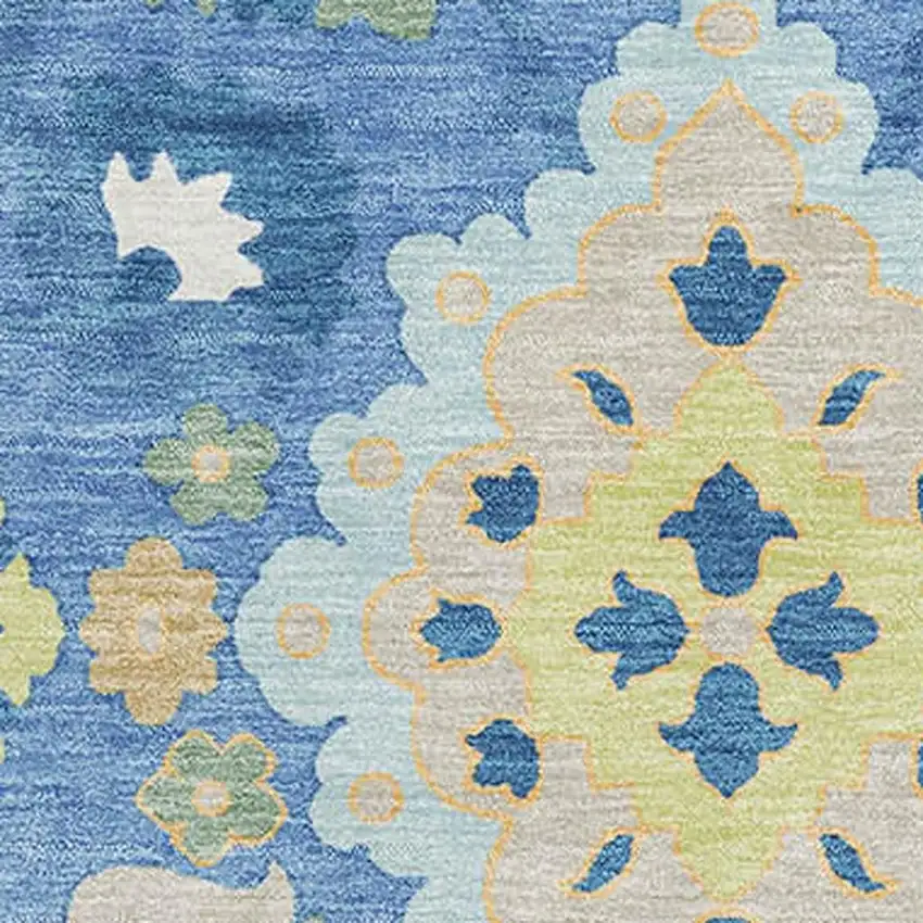 Blue Peach And Fern Green Oriental Washable Area Rug With UV Protection Photo 2