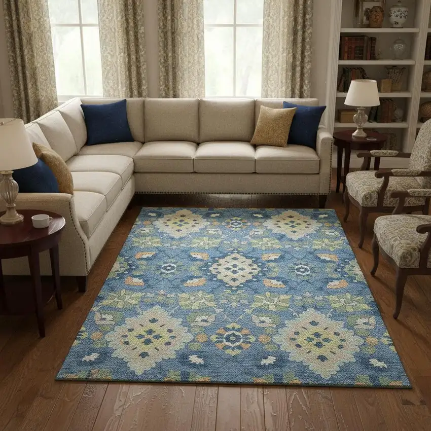 Blue Peach And Fern Green Oriental Washable Area Rug With UV Protection Photo 2