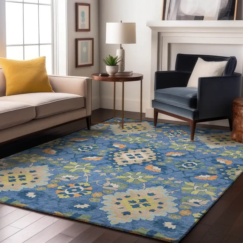 Blue Peach And Fern Green Oriental Washable Area Rug With UV Protection Photo 4