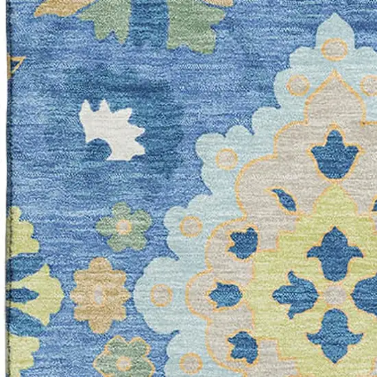 Blue Peach And Fern Green Oriental Washable Area Rug With UV Protection Photo 2