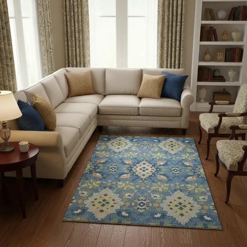 Blue Peach And Fern Green Oriental Washable Area Rug With UV Protection Photo 2